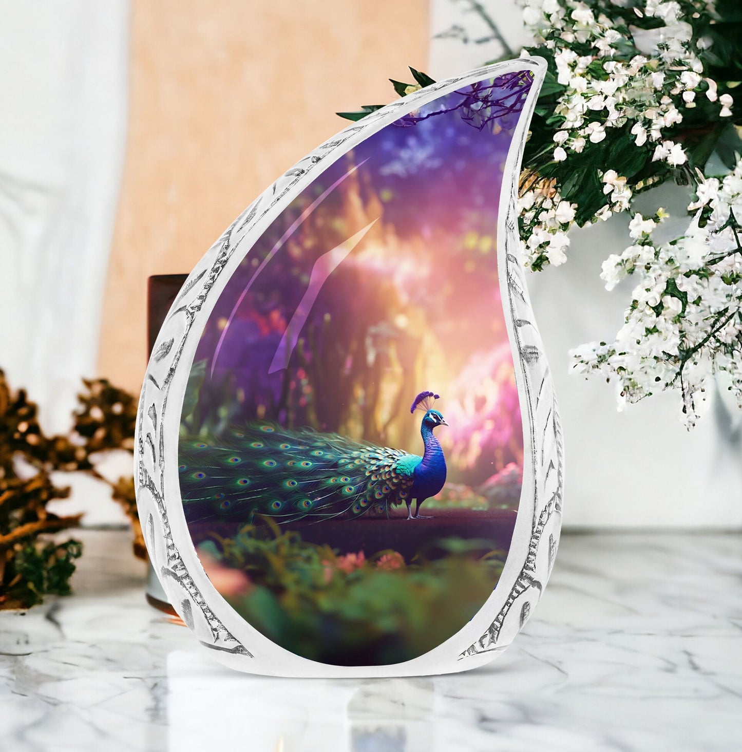 Classic Design 3 Inch Peacock Urn for Adult Ashes.