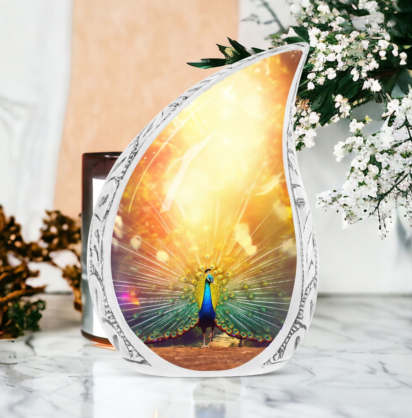 Classic customized 3-inch peacock urn for human ashes.