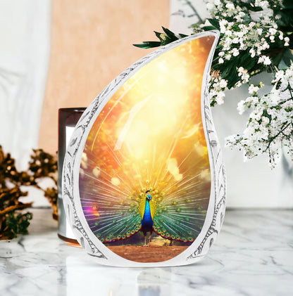 Classic customized 3-inch peacock urn for human ashes.