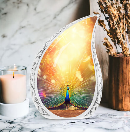 Classic customized 3-inch peacock urn for human ashes.