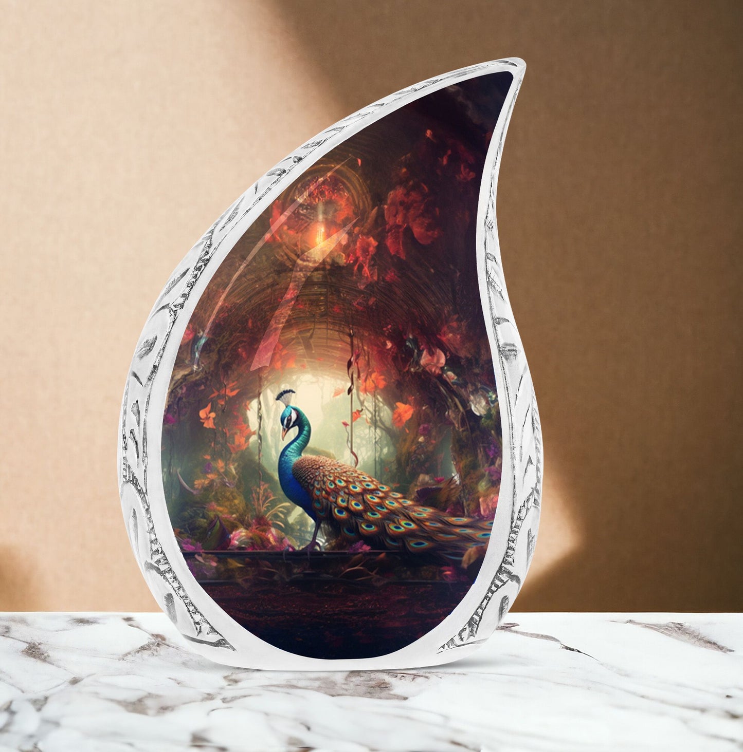3 inch Peacock Memorial Urn, versatile modern urn.