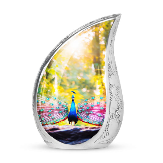 Large peacock-designed urn for human ashes.