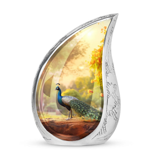 Classic 3-inch peacock urn in aluminum, a valued memorial gift and cremation urn
