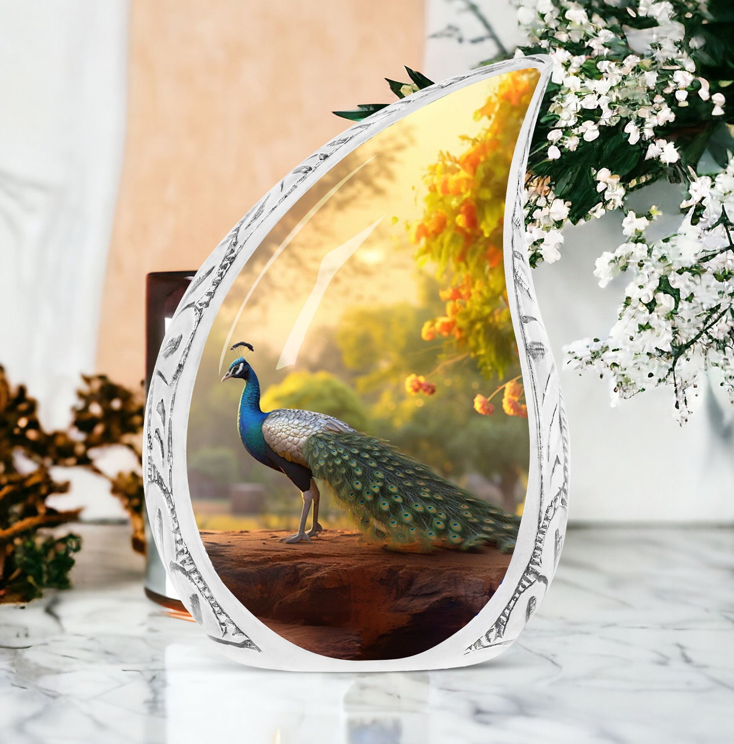 Classic 3-inch peacock urn in aluminum, a valued memorial gift and cremation urn