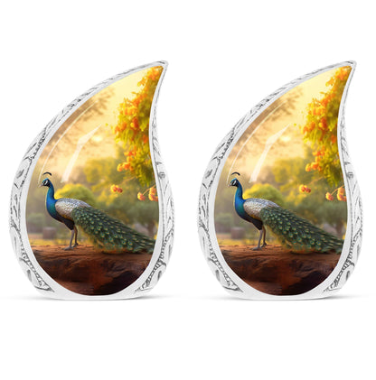 Classic 3-inch peacock urn in aluminum, a valued memorial gift and cremation urn