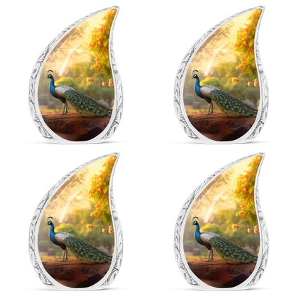 Classic 3-inch peacock urn in aluminum, a valued memorial gift and cremation urn