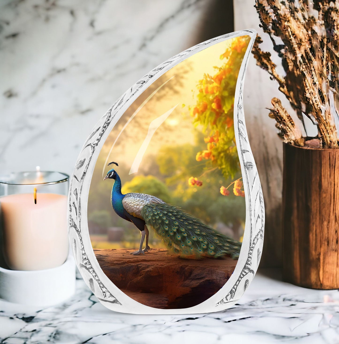 Classic 3-inch peacock urn in aluminum, a valued memorial gift and cremation urn