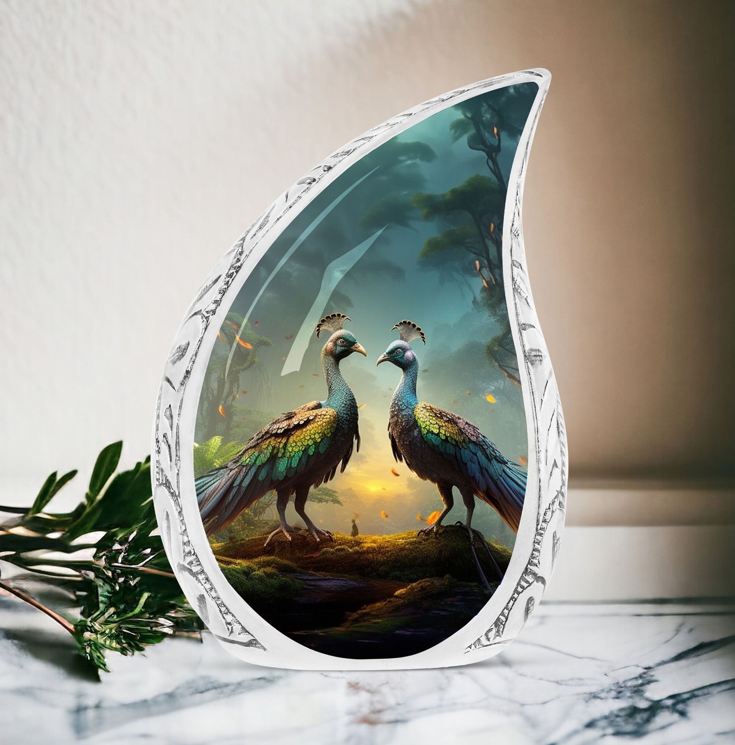 Classic peacock memorial urn for human ashes.