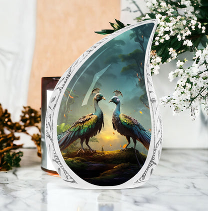 Classic peacock memorial urn for human ashes.
