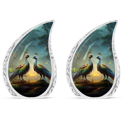 Classic peacock memorial urn for human ashes.