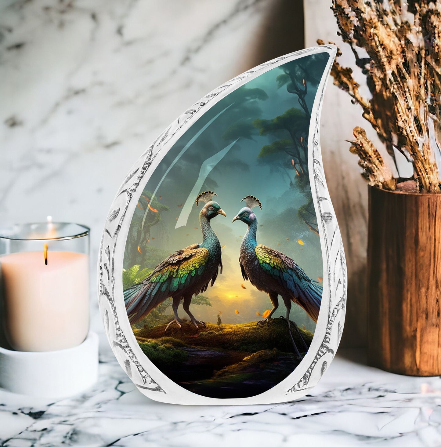 Classic peacock memorial urn for human ashes.