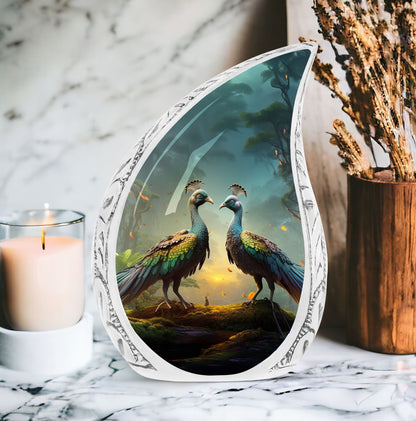 Classic peacock memorial urn for human ashes.