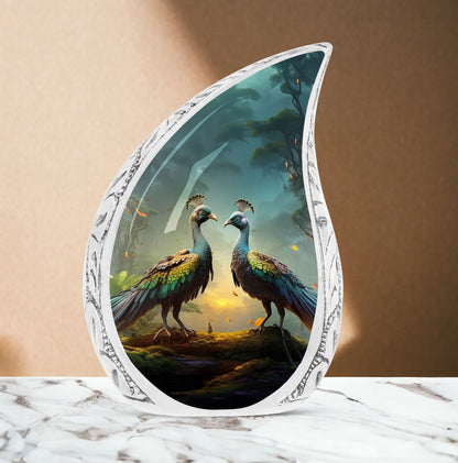 Classic peacock memorial urn for human ashes.
