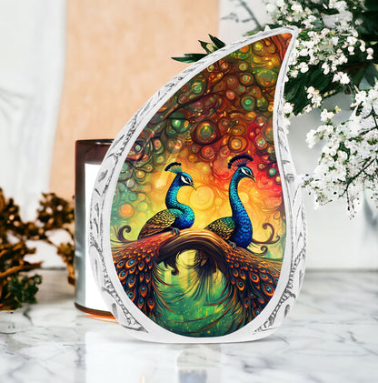 Classic, aluminium large peacock urn for ashes.
