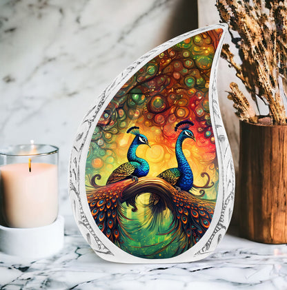 Classic, aluminium large peacock urn for ashes.