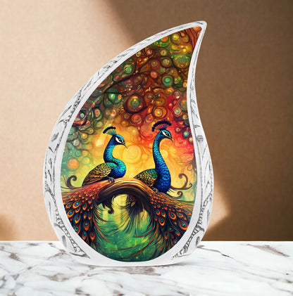 Classic, aluminium large peacock urn for ashes.
