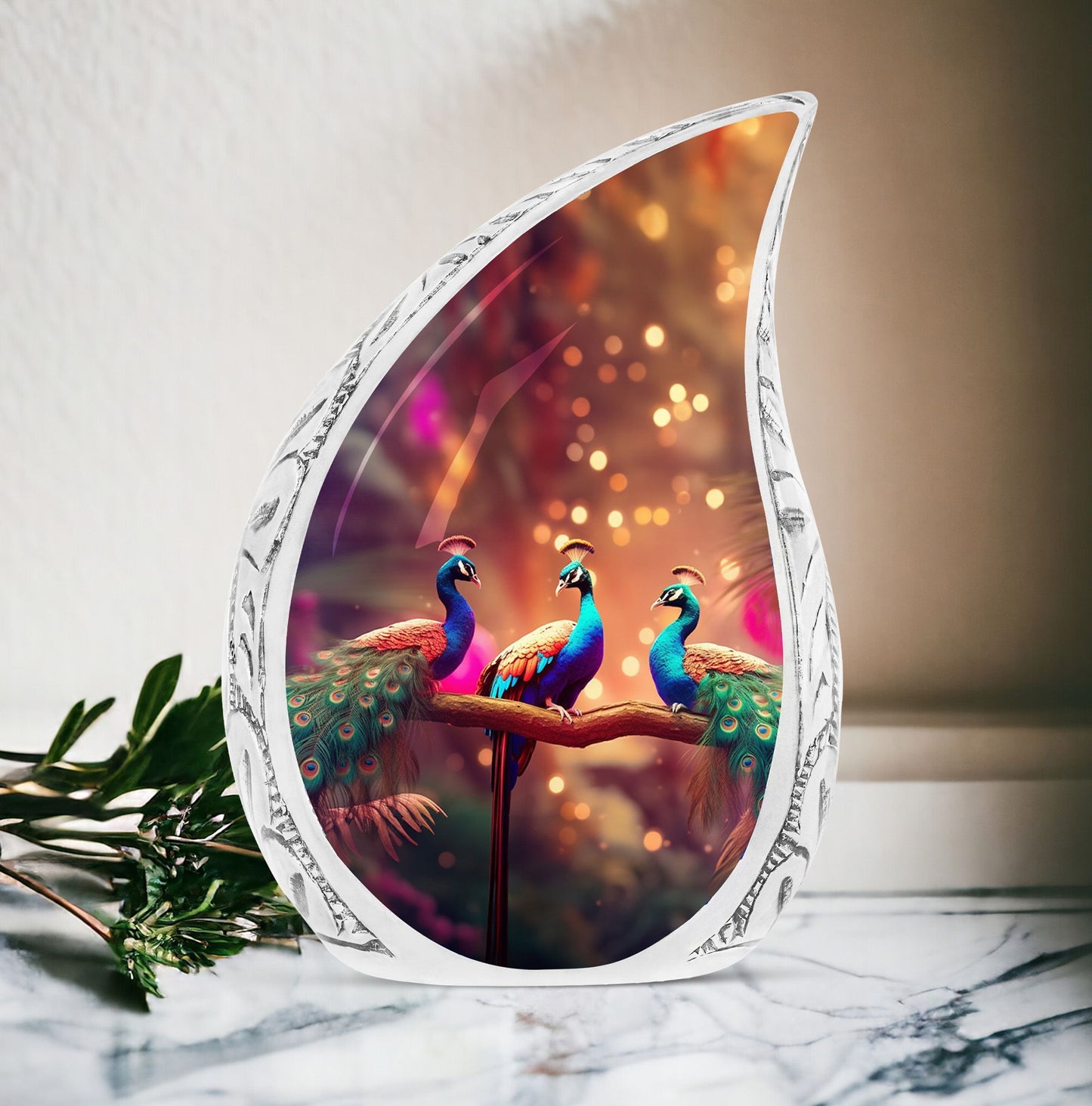 Peacock Cremation Urn for storing human ashes.