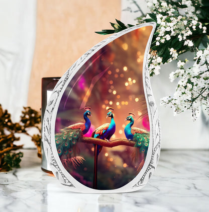 Peacock Cremation Urn for storing human ashes.