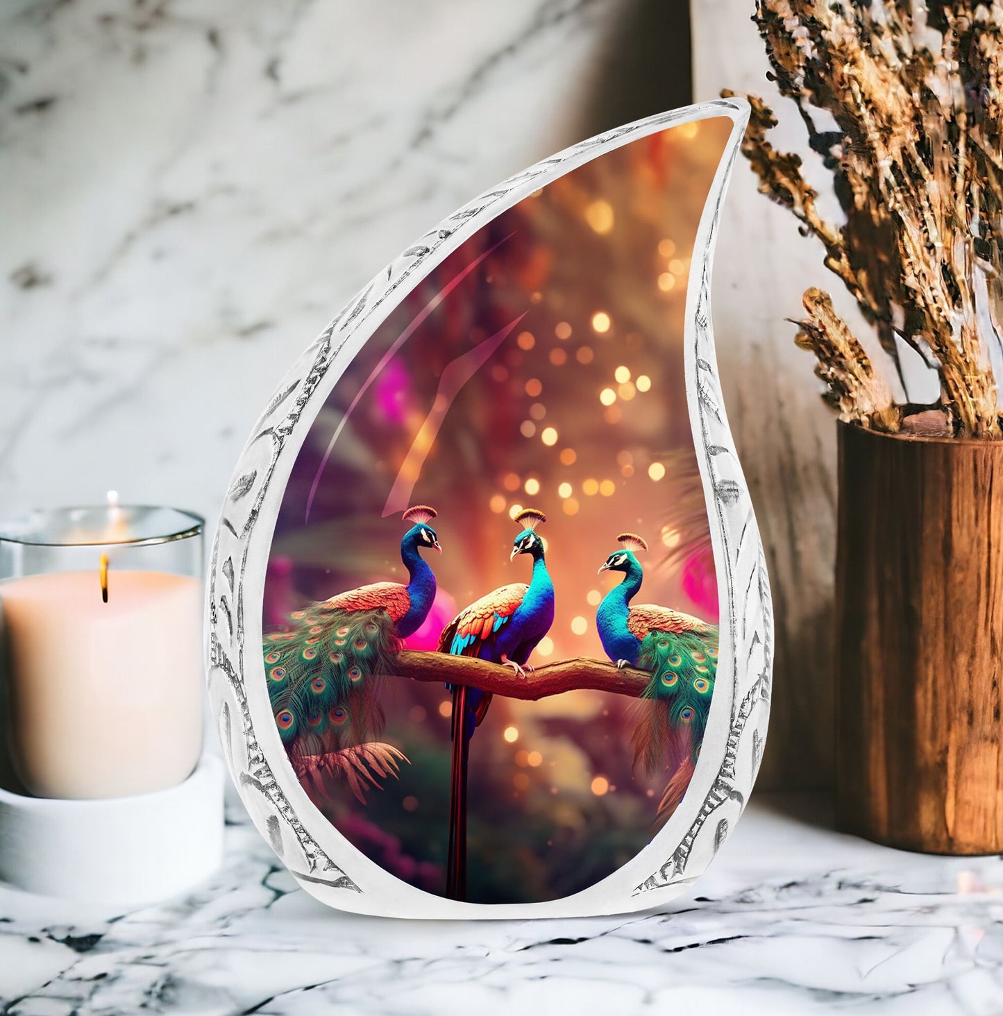 Peacock Cremation Urn for storing human ashes.
