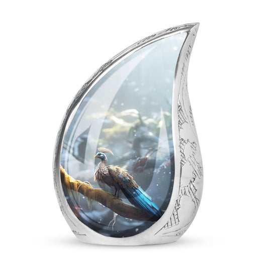 Peacock Memorial Urn, 3-inch aluminium cremation urn.