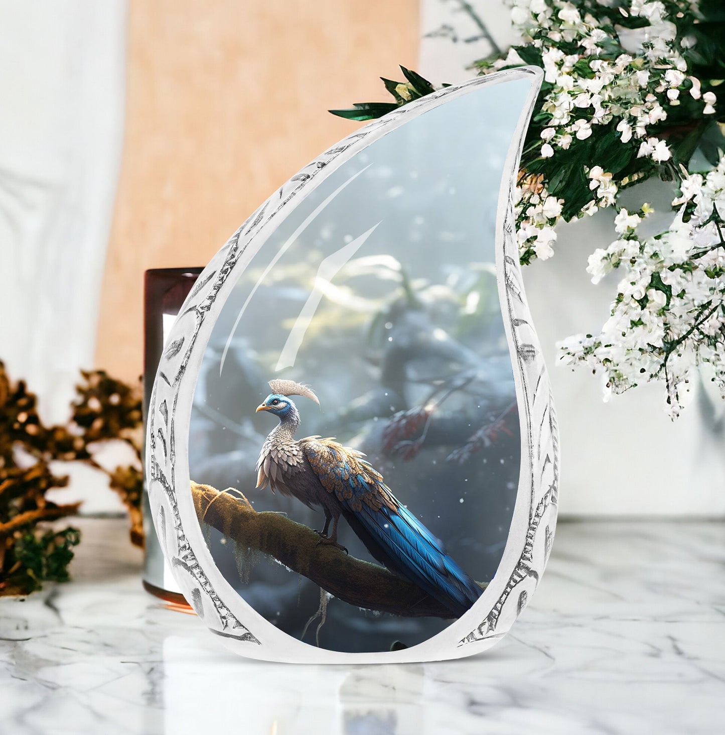 Peacock Memorial Urn, 3-inch aluminium cremation urn.