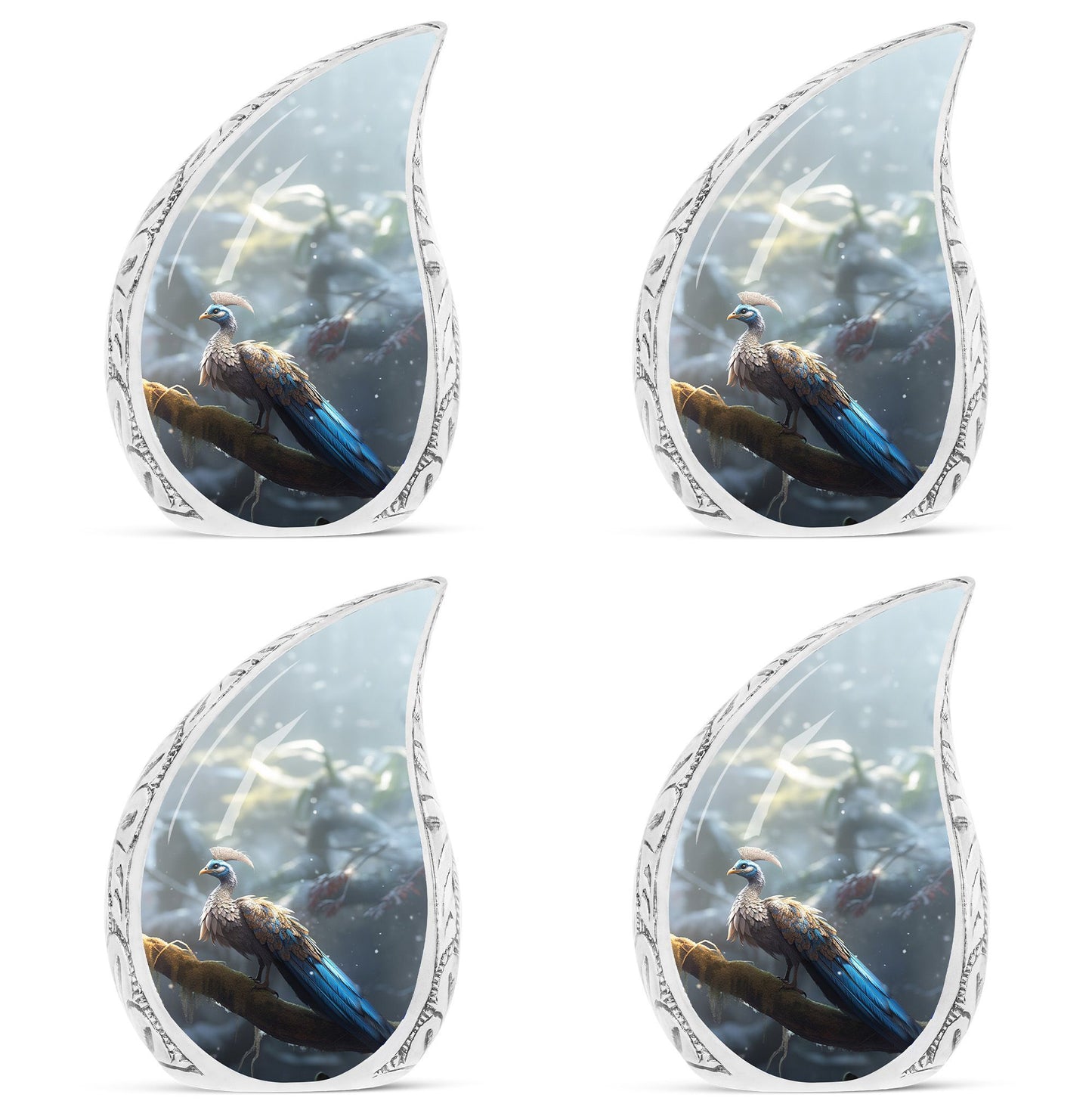 Peacock Memorial Urn, 3-inch aluminium cremation urn.