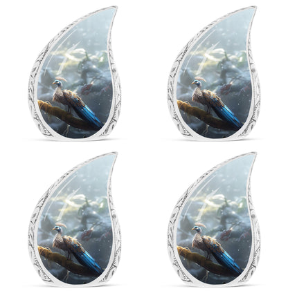 Peacock Memorial Urn, 3-inch aluminium cremation urn.