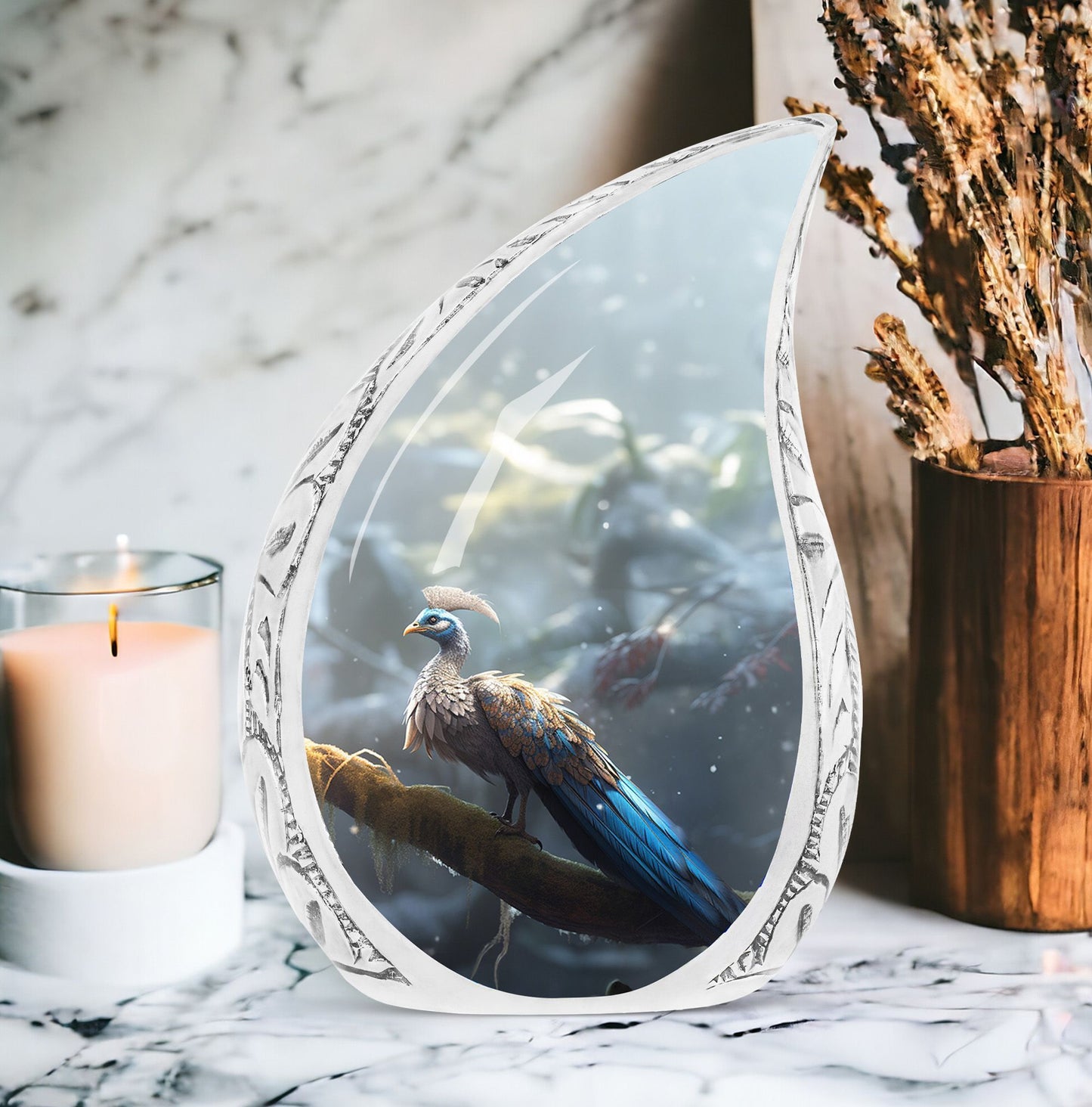 Peacock Memorial Urn, 3-inch aluminium cremation urn.