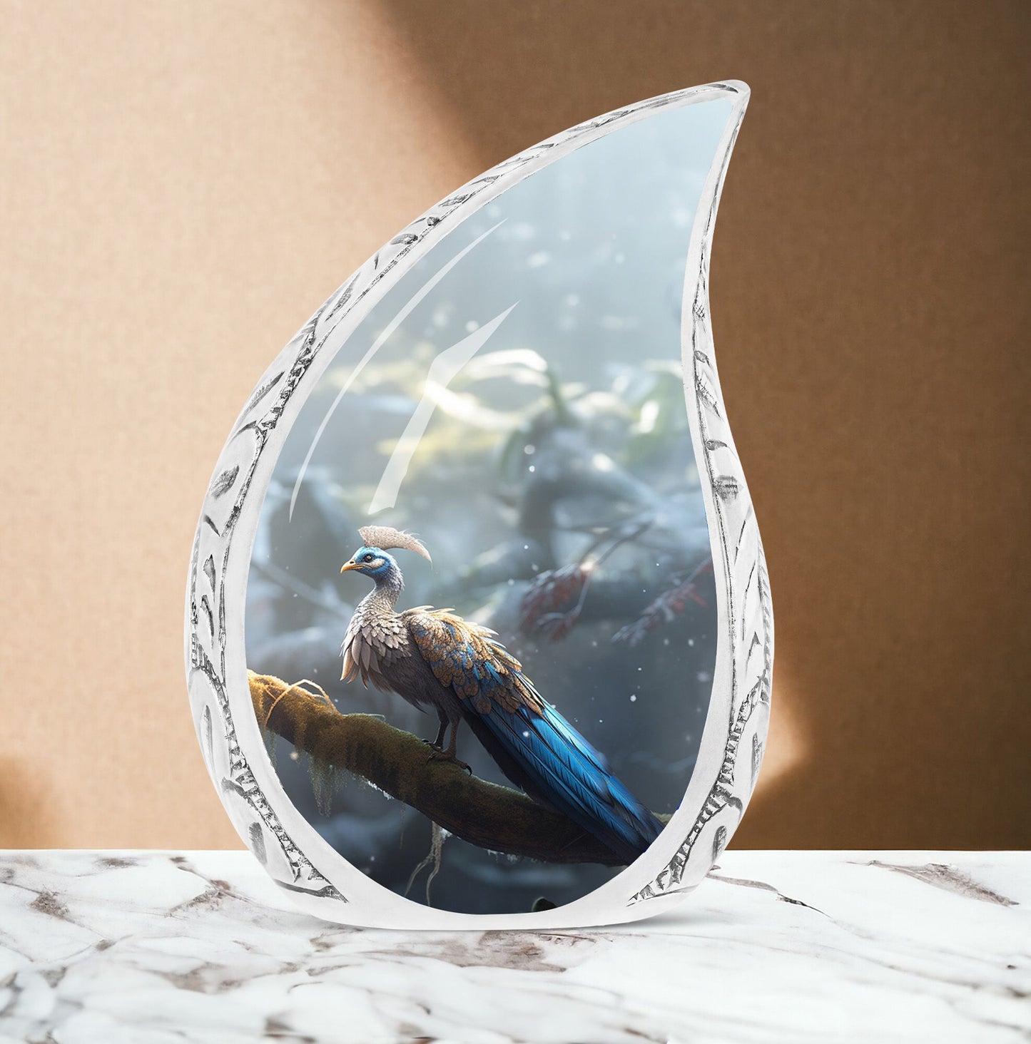 Peacock Memorial Urn, 3-inch aluminium cremation urn.
