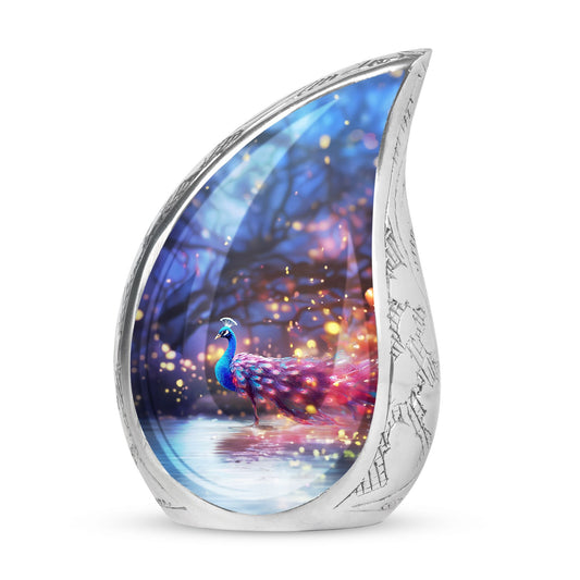 Classic peacock urn for human ashes, large aluminium memorial urn.