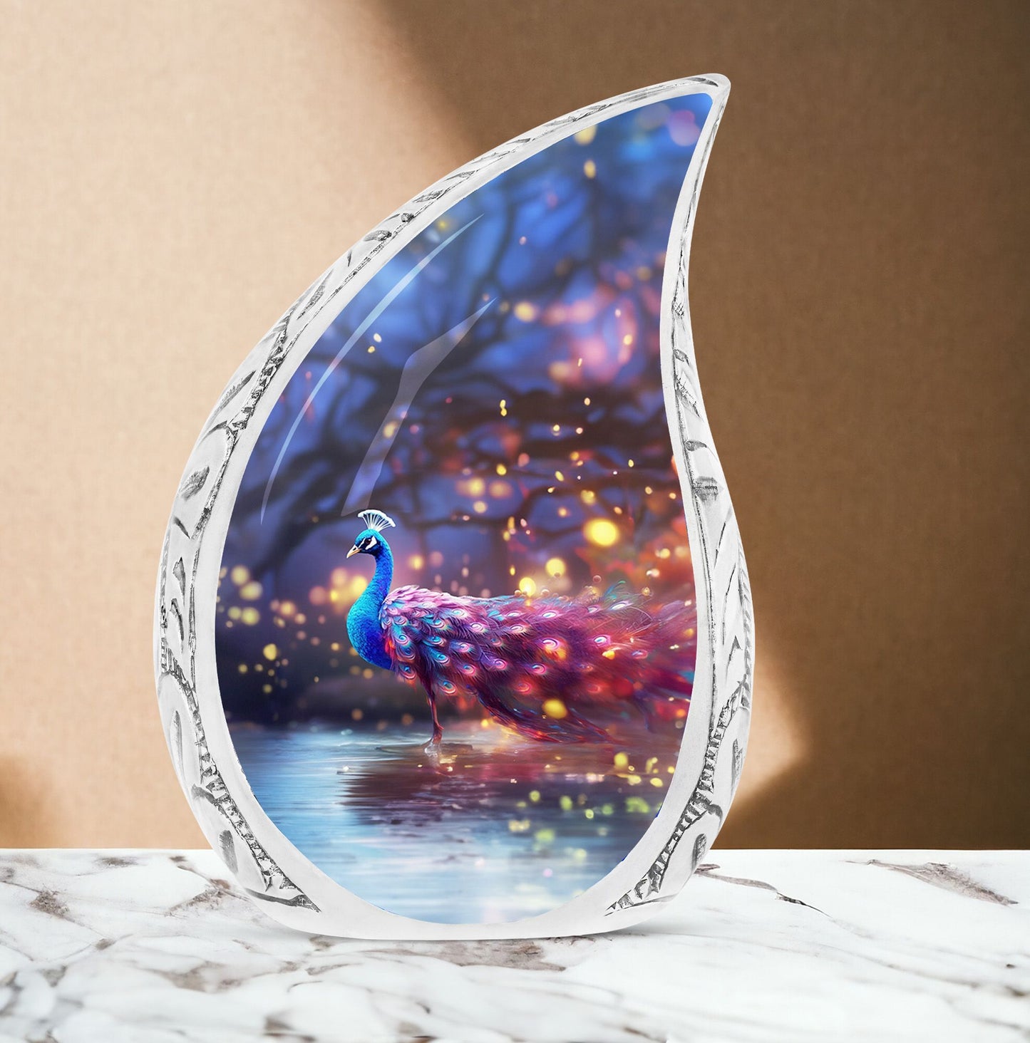 Classic peacock urn for human ashes, large aluminium memorial urn.