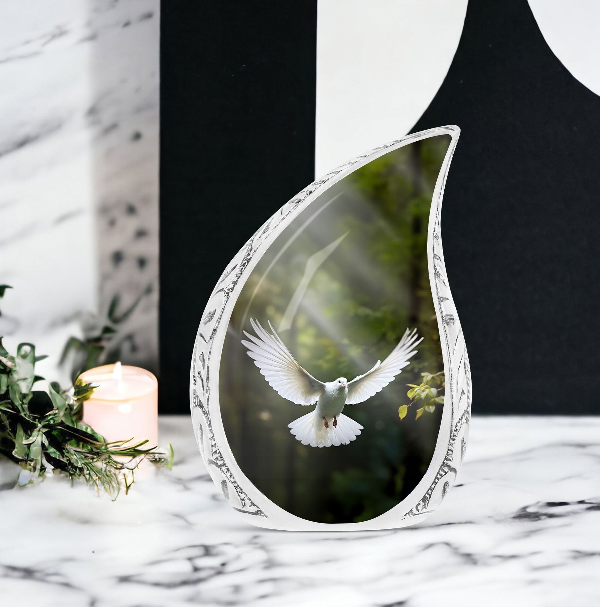 classic Dove Urn customizable for memorial with velvet pouch