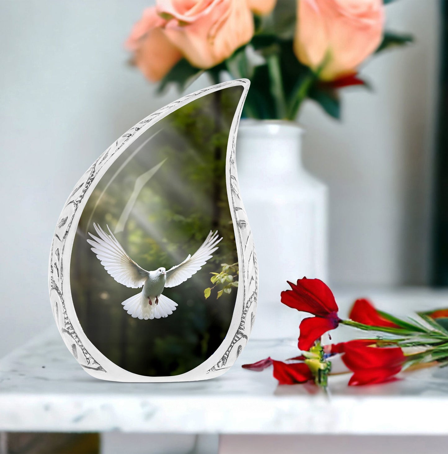 classic Dove Urn customizable for memorial with velvet pouch