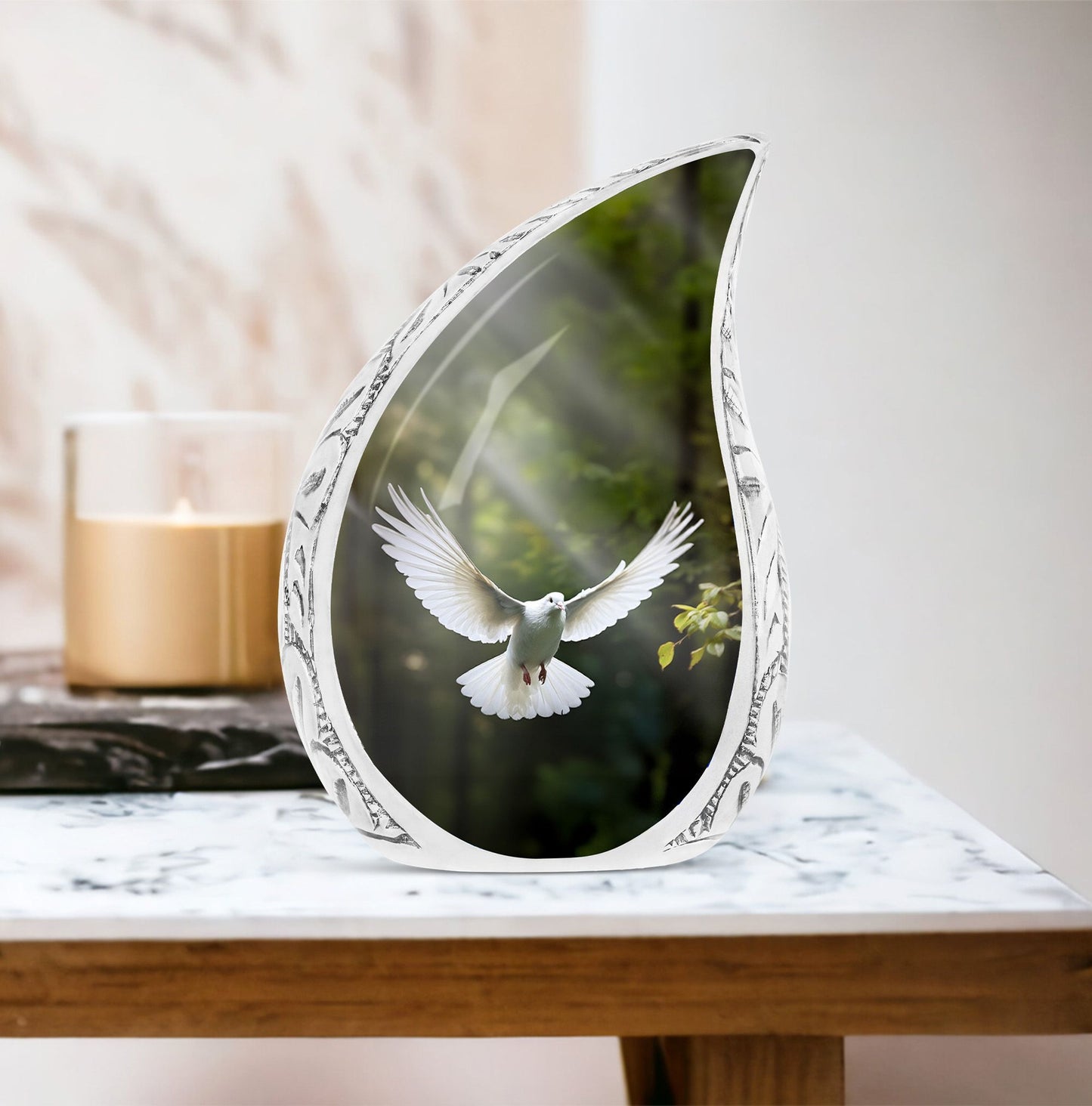 classic Dove Urn customizable for memorial with velvet pouch