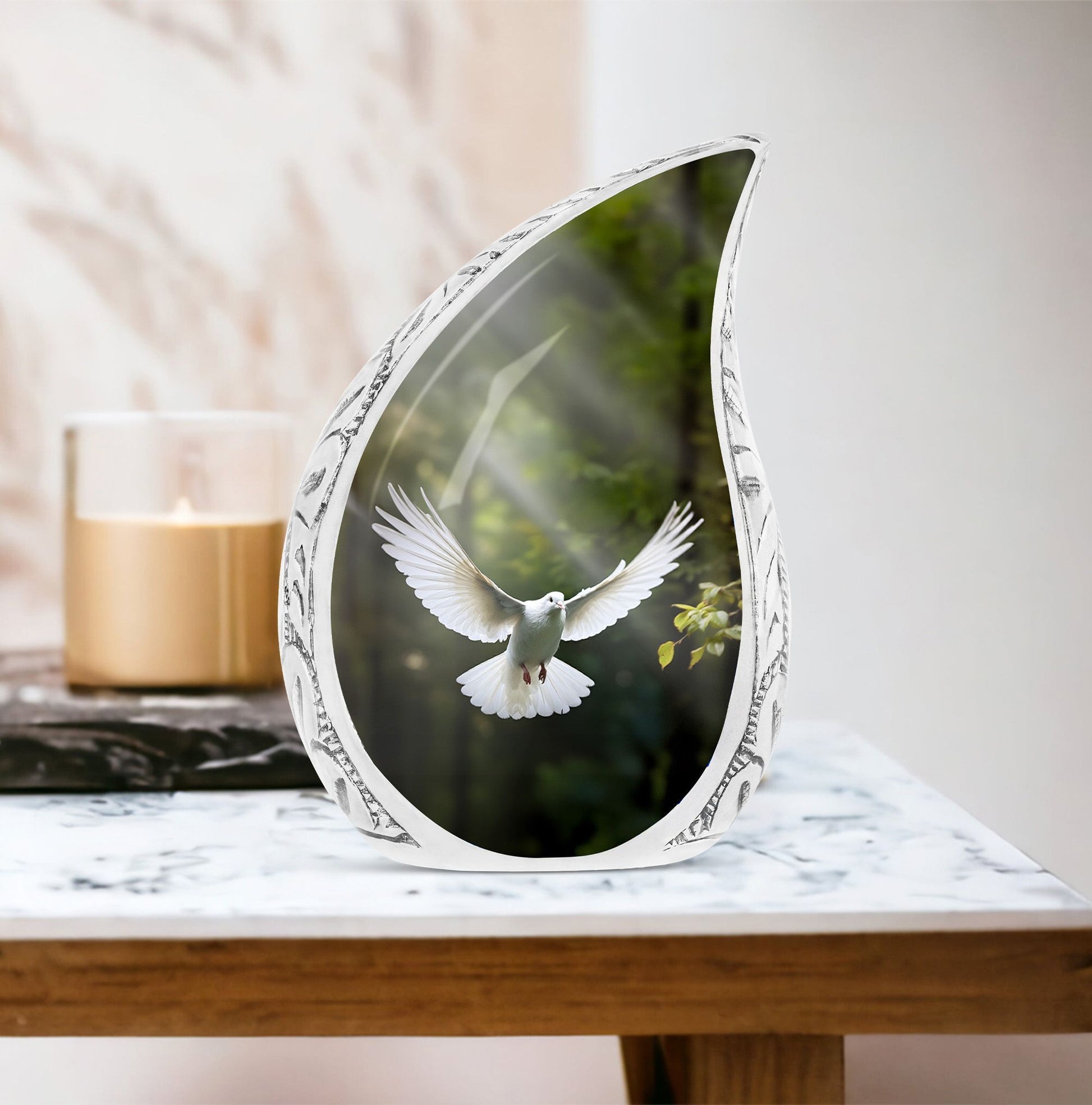 classic Dove Urn customizable for memorial with velvet pouch