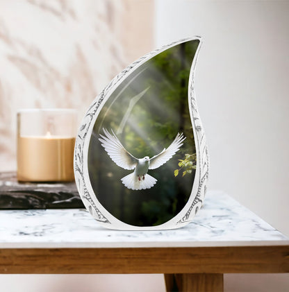 classic Dove Urn customizable for memorial with velvet pouch