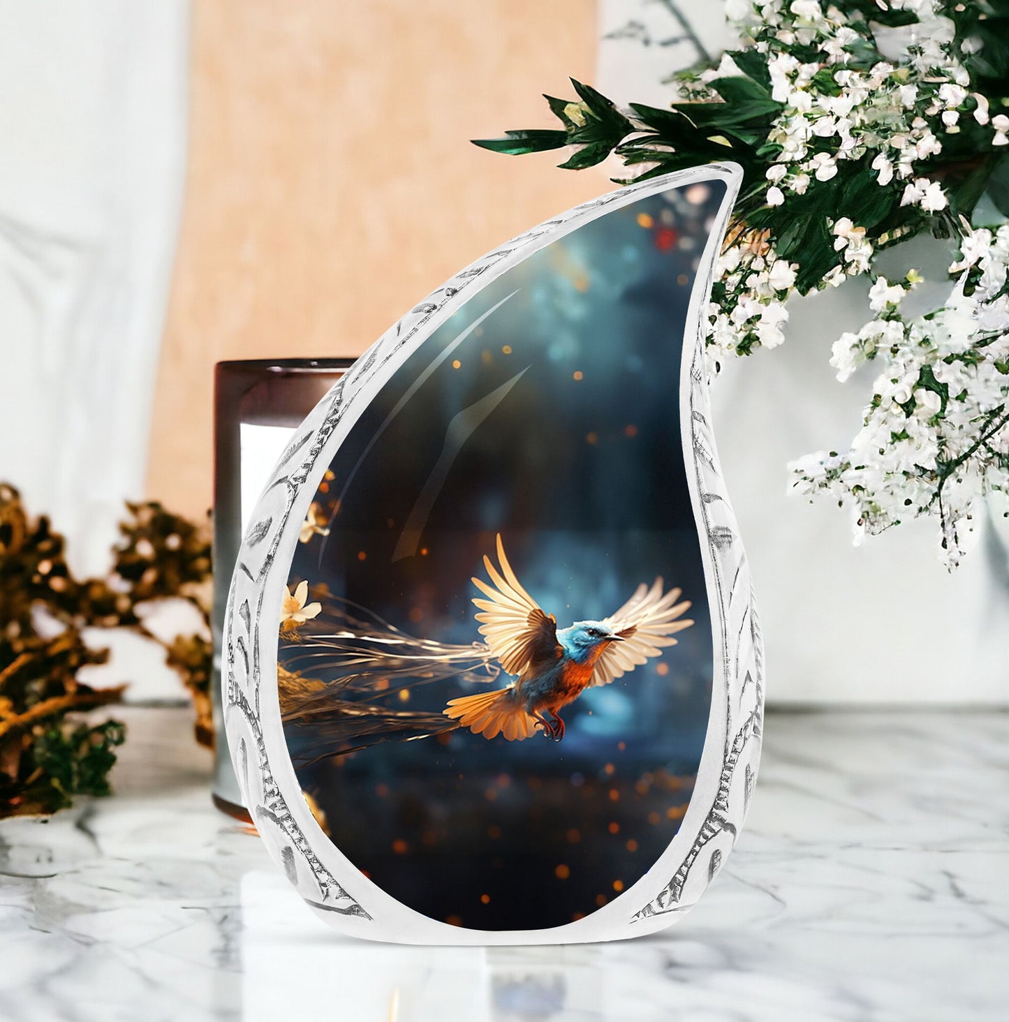 Classic Red Sparrow flying Cremation Urn.