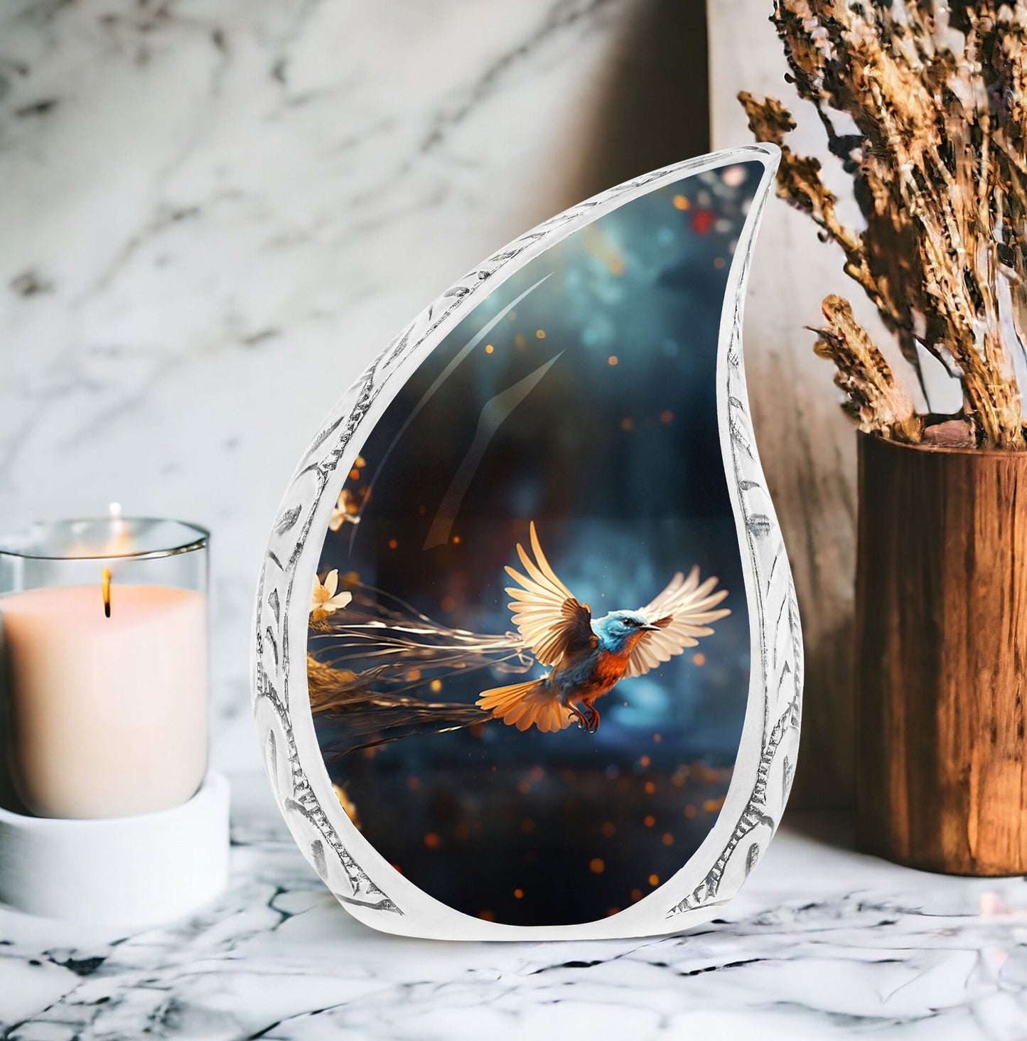 Classic Red Sparrow flying Cremation Urn.