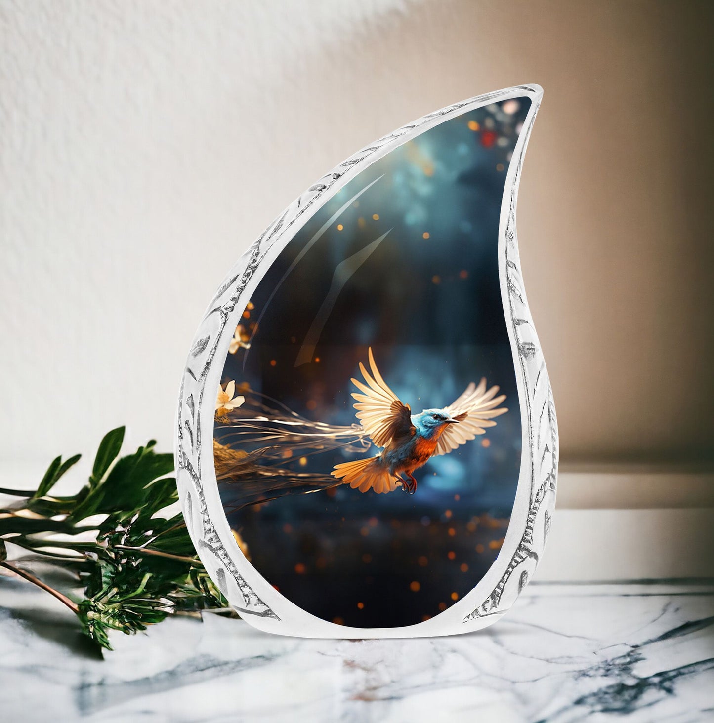 Classic Red Sparrow flying Cremation Urn.