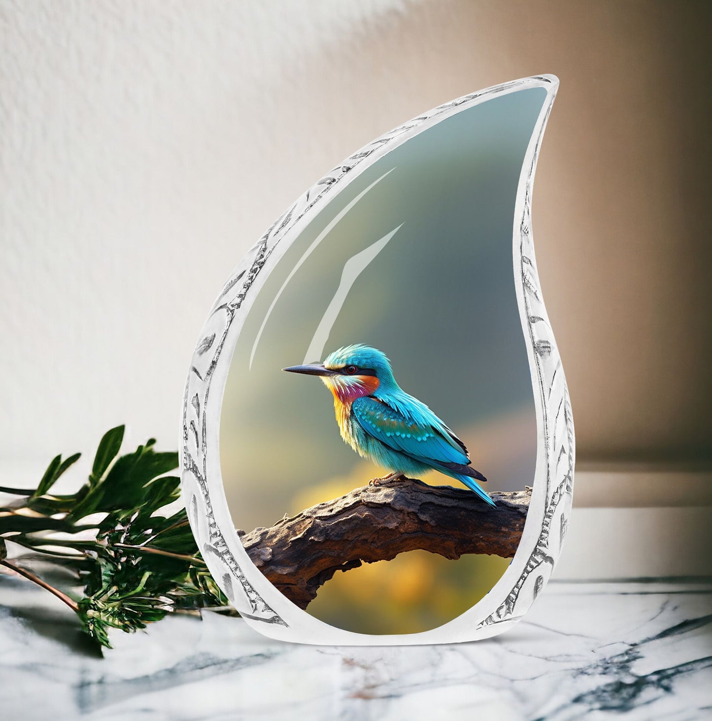 Large 3 inch Green Sparrow Memorial Urn for human ashes
