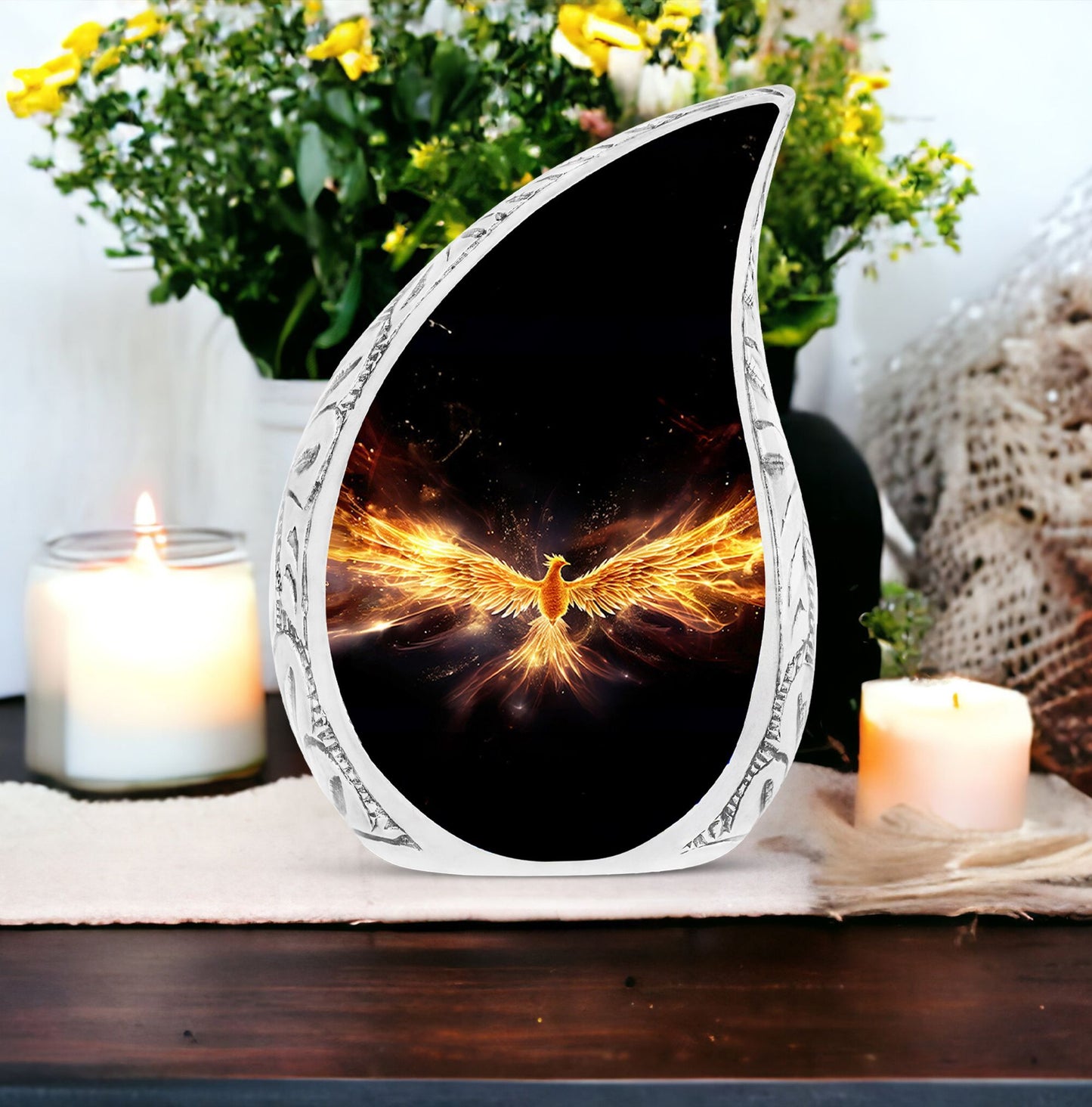Yellow Phoenix Classic Urn for human cremation ashes.