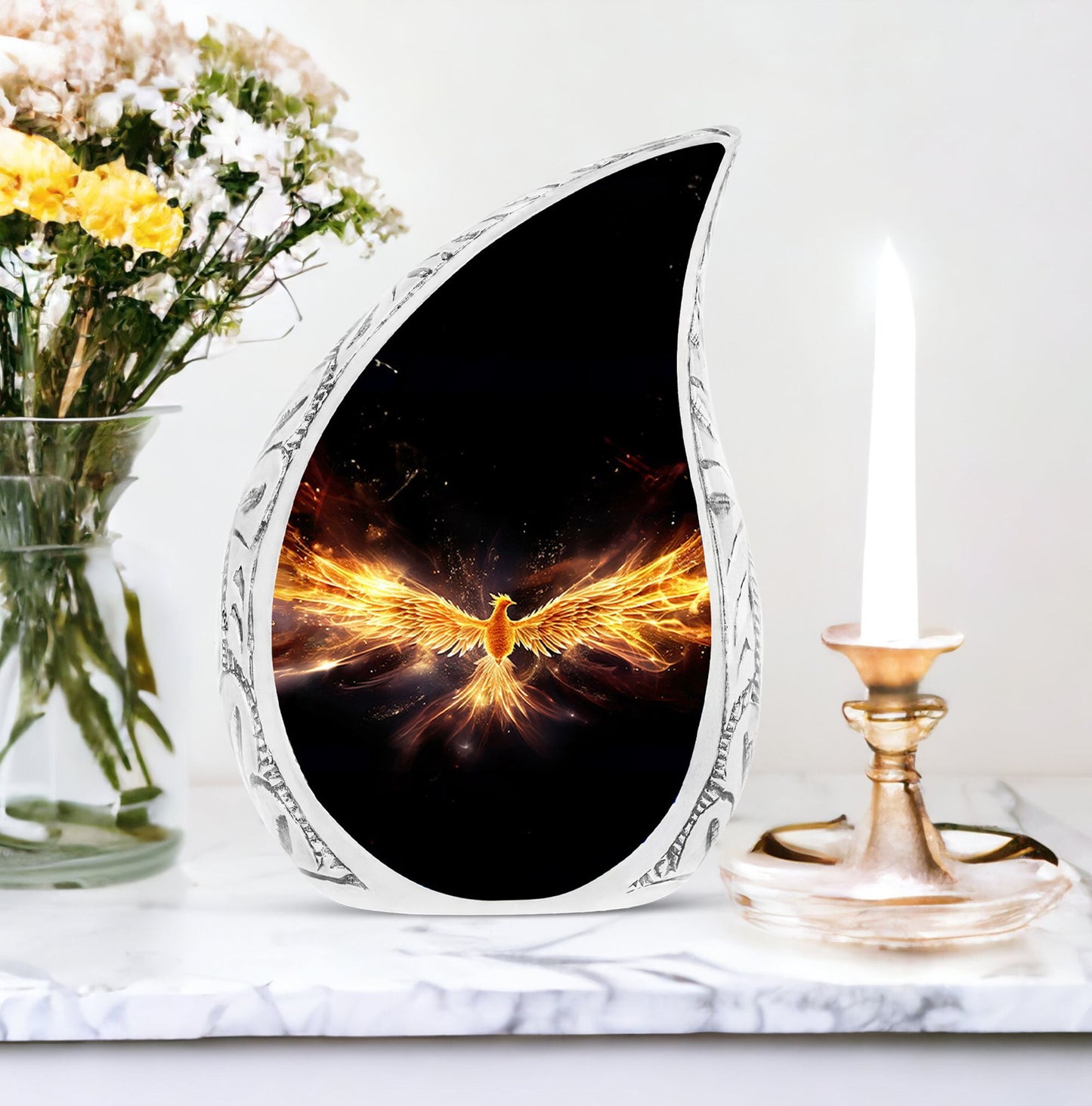 Yellow Phoenix Classic Urn for human cremation ashes.