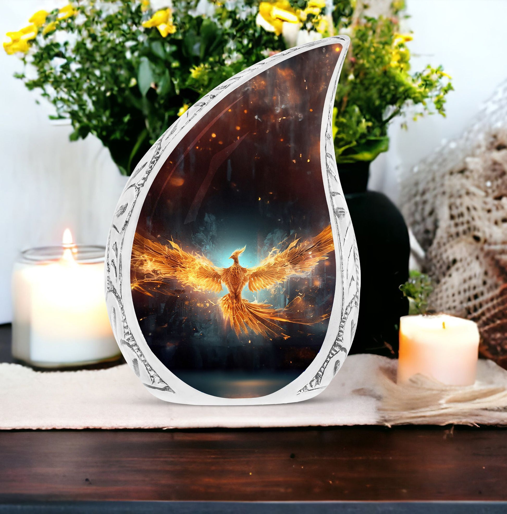 Large, classic yellow phoenix cremation urn.