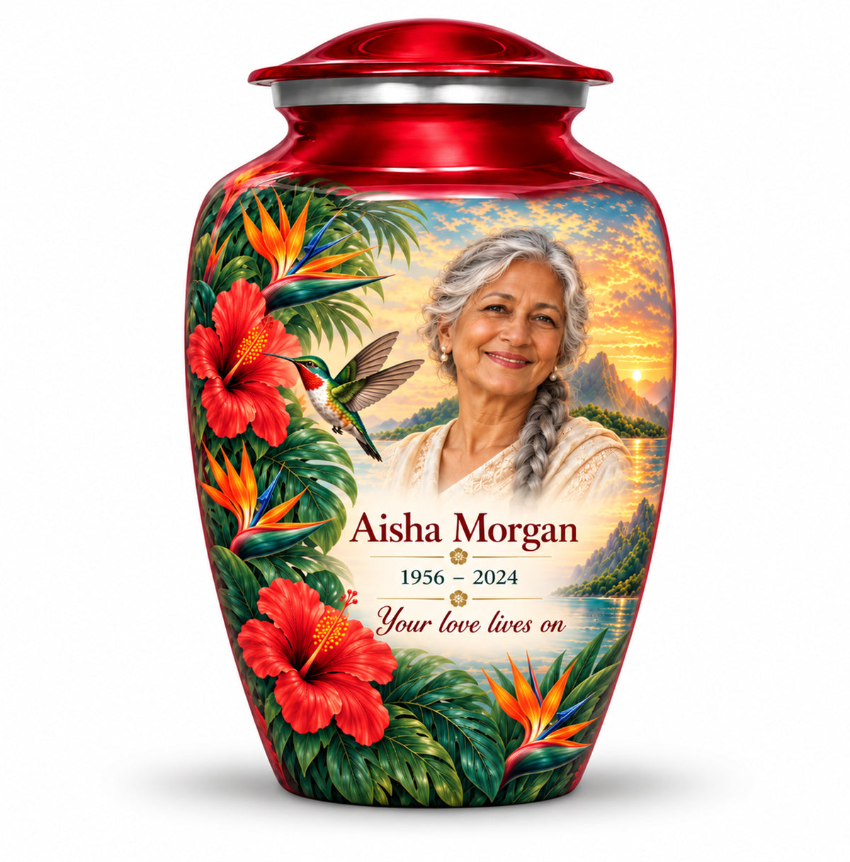 Personalized Red Hummingbird Cremation Urn with Photo and Keepsake Urns