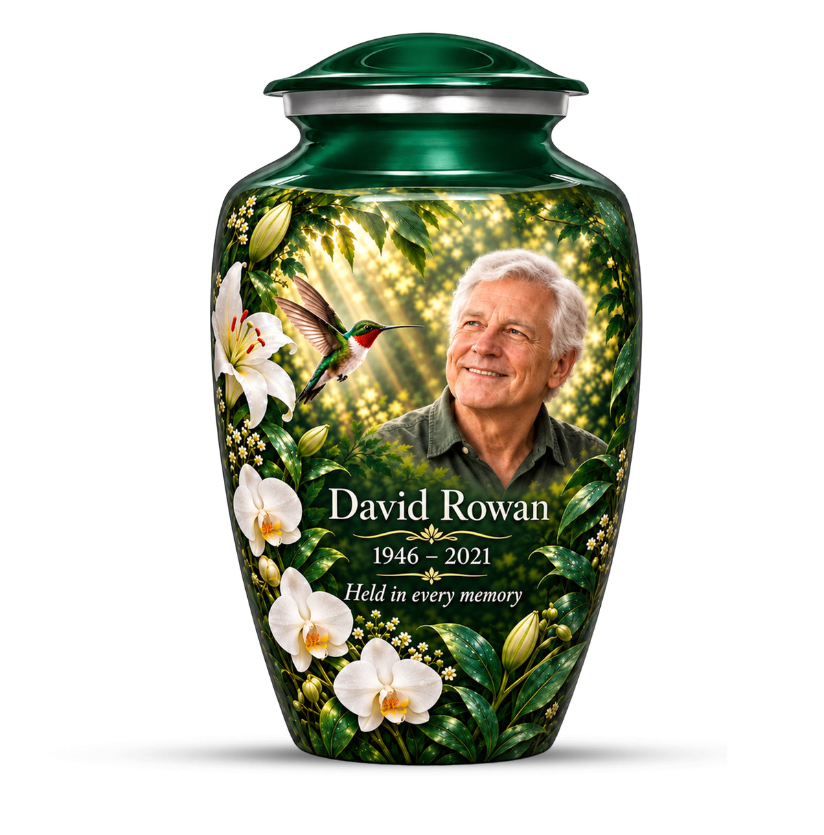 Green Hummingbird Urn with Custom Photo | Yatskia