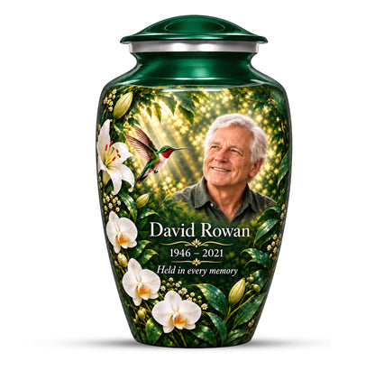 Green Hummingbird Urn with Custom Photo | Yatskia