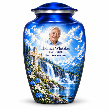 Blue Cross Urn with Waterfalls | Memorial and Keepsake Urns