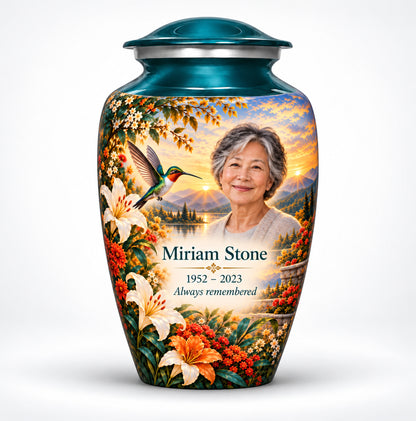 Teal Hummingbird Lily Photo Cremation Urn for Ashes | Yatskia