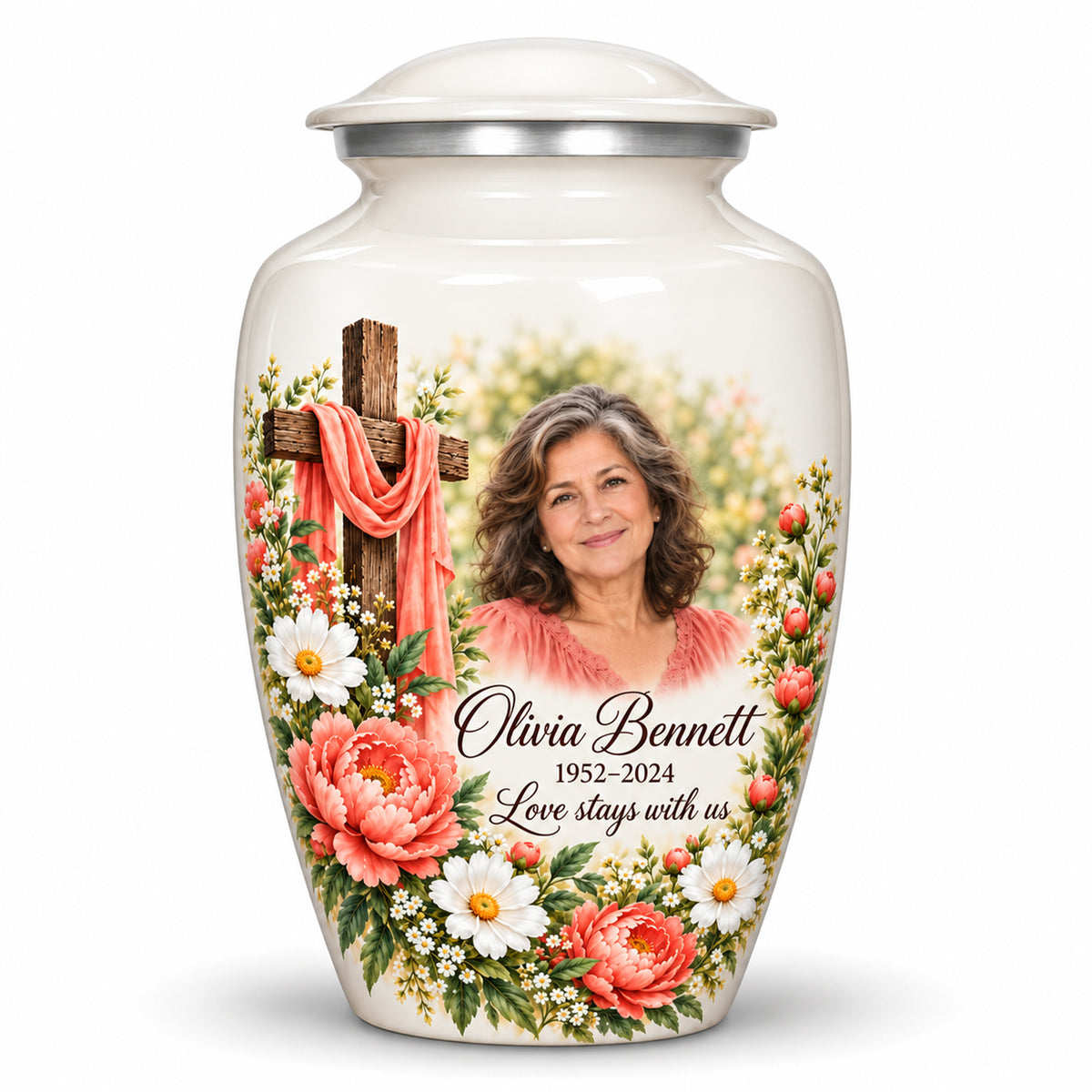 White Floral Cross Photo Cremation Urn for Ashes | Yatskia