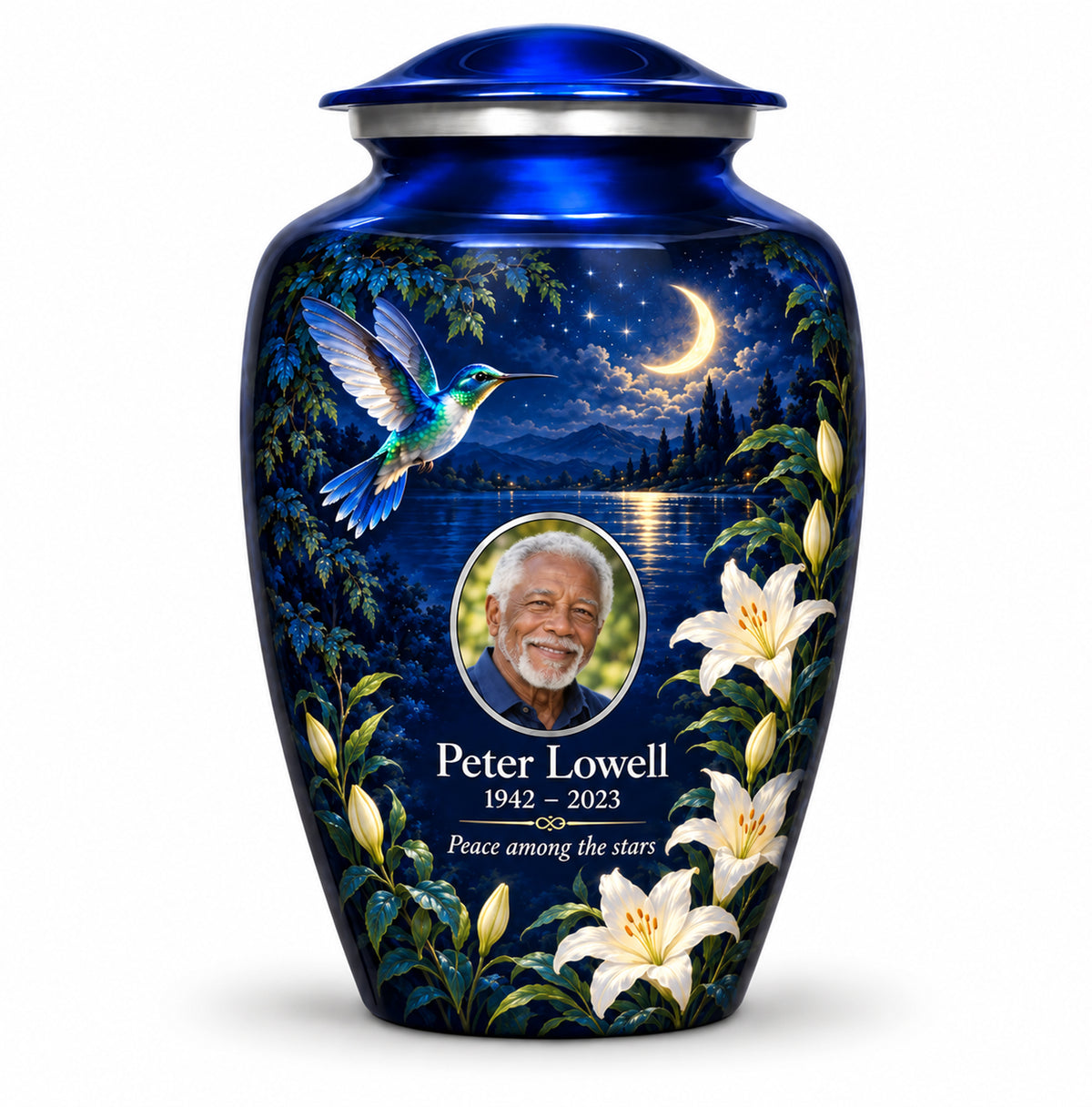 Blue Hummingbird Urn with Custom Photo | Yatskia